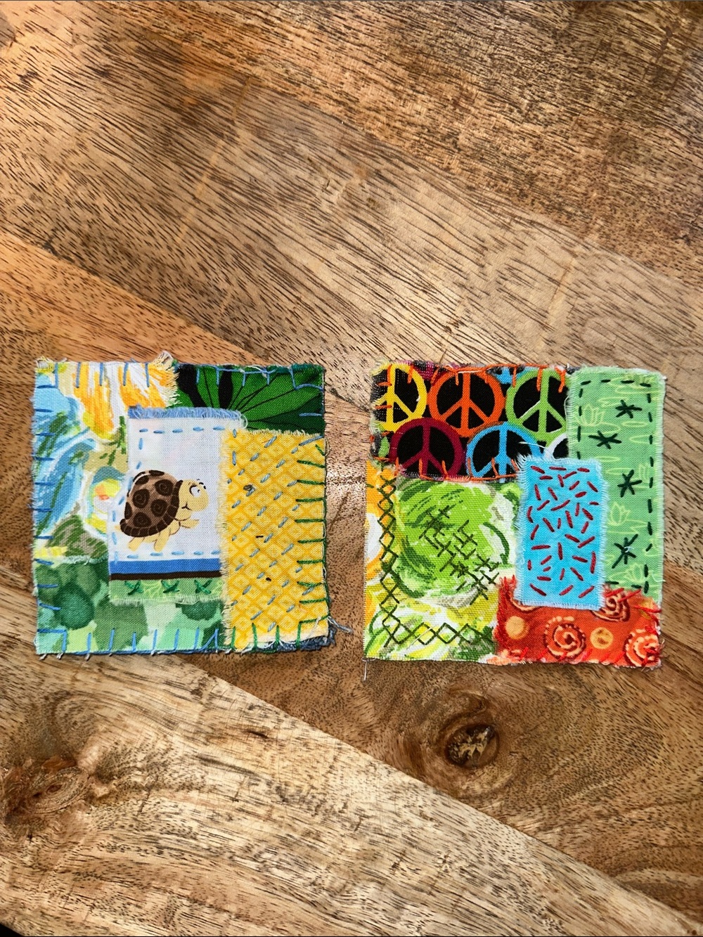 Handmade bright, multicolor Fabric Patches, Sashiko hand stitched, Set of 2